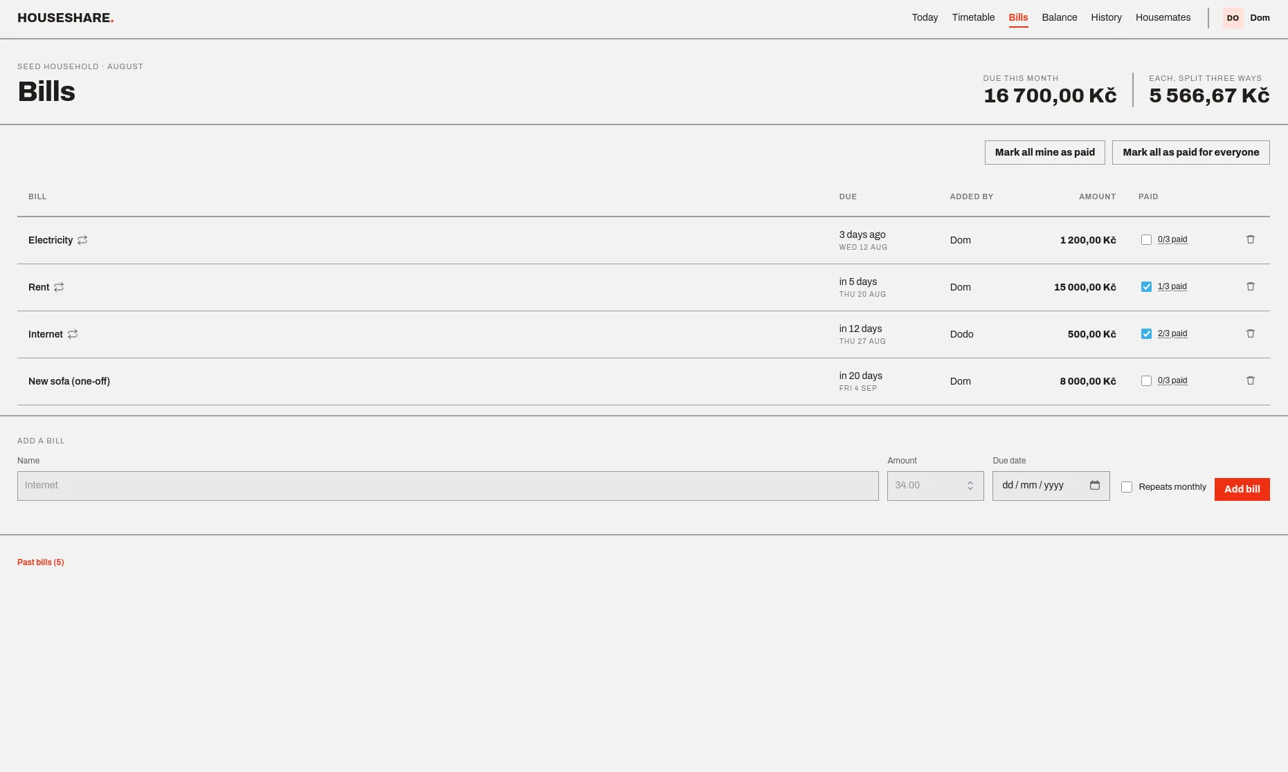 Bills — recurring & one-off bills, paid-tracking
